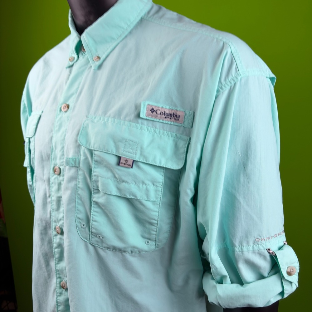 COLUMBIA PFG Bahama II Mens L Vented Fishing Shirt Blue Roll Tab Omni-Shade L/S
